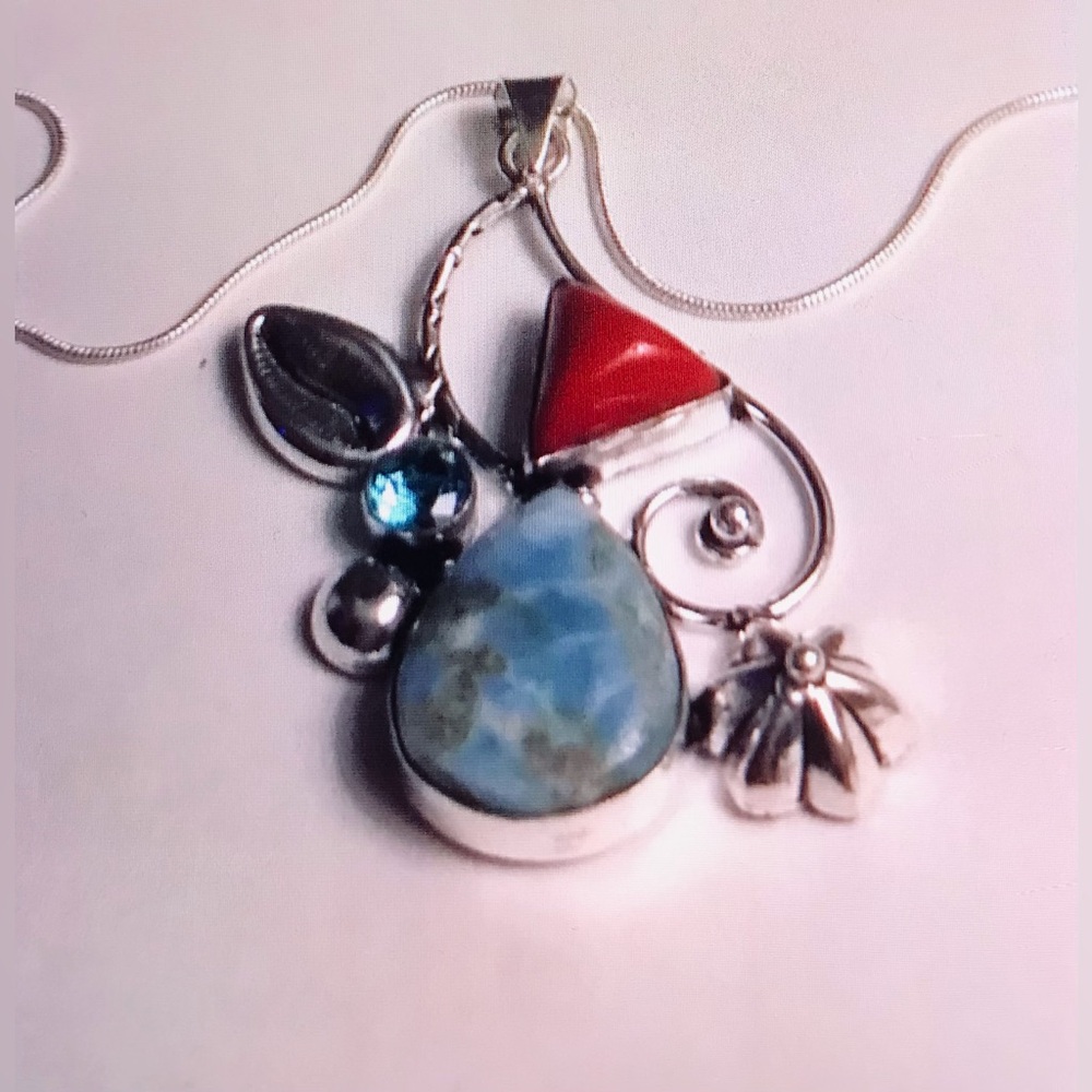 Red Coral Larimar Stamped 925 Sterling Silver Necklace